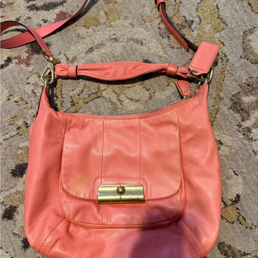 Coral Coach Leather Shoulder Bag